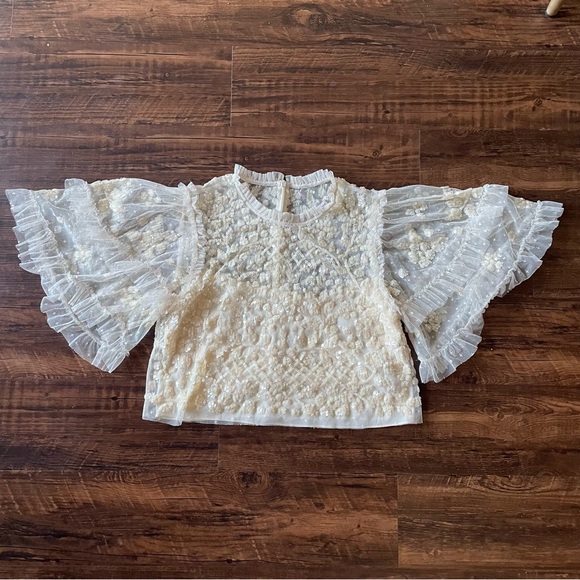 NEEDLE & THREAD Aurelia Sequin Embellished Top Natural Cream Ruffle Sheer Blouse - Picture 2 of 15